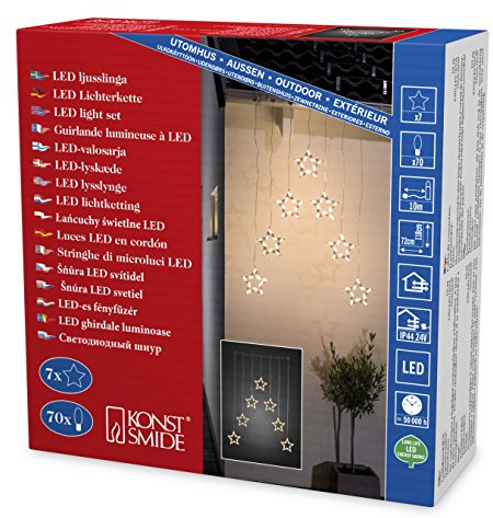 Konstsmide LED Lichtervorhang mit 7 Sternensilhouetten, Maße Sterne: B: 18 cm, H: 18, 5 cm, 70 warm weiße Dioden, 24V Außentrafo, transparentes Kabel - 4043-103
