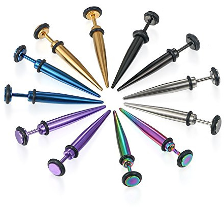 Flongo Men's Womens 6 Pairs Stainless Steel 5mm Taper Stud Fake Cheater Illusion Ear Plug Spike Faux Earrings