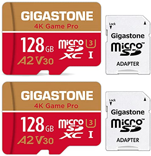 [5 Jahre kostenlose Datenwiederherstellung] GIGASTONE 128GB 2er-Pack Micro SD Karte, 4K Game Pro, bis zu 100/50 MB/s, MicroSDXC Speicherkarte für Nintendo Switch 1, Gopro DJI, A2 V30 U3 + Adapter