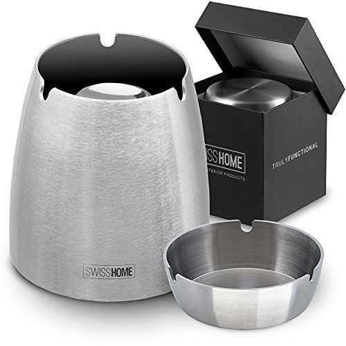 SWISSHOME® - Geruchsdichter XL Aschenbecher mit Deckel - 2 in 1 - für Drinnen & Draußen aus Edelstahl in Premium Geschenkbox