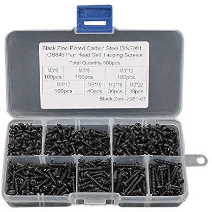 BOZONLI 500 Stück M3 Edelstahl Kreuzschlitz Flachkopf Schrauben Selbstschneidende Schraubensatz Schwarz Holzschrauben mit Box für Maschine Holzbearbeitung Fastener