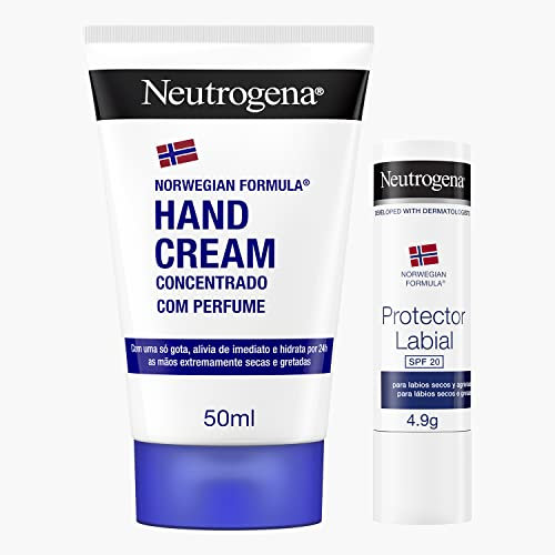 Neutrogena Fórmula Noruega Crema De Manos Concentrada (50ml) + Protector Labial SPF 20 (4,8g), crema de manos reparadora con perfume, bálsamo hidratante para labios secos