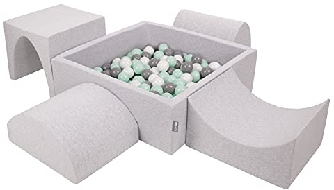KiddyMoon Spielplatz Aus Schaumstoff Mit Quadrat Bällebad (300 Bälle) Ballgruben Für Babys Spielbad Hindernisläufen, Hergestellt In Der EU, Hellgrau:Weiß/Grau/Minze