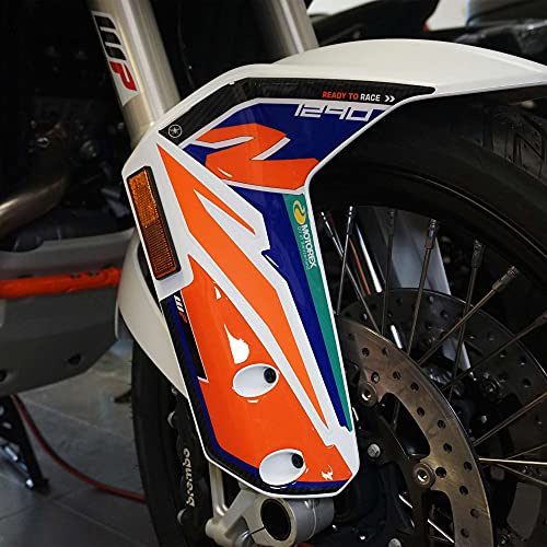 LABELBIKE 3D Motorradgabelaufkleber kompatibel mit KTM | 1290 Super Adventure R 2021-2022, Harzschutz, Kratzschutz, Dekor, Blau-Orange Carbon