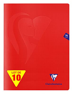 Clairefontaine 333362C Ett set med 10 röda Mimesys häftade anteckningsböcker - 24 x 32 cm - 96 sidor med små rutor - 90 g vitt papper - polyproomslag