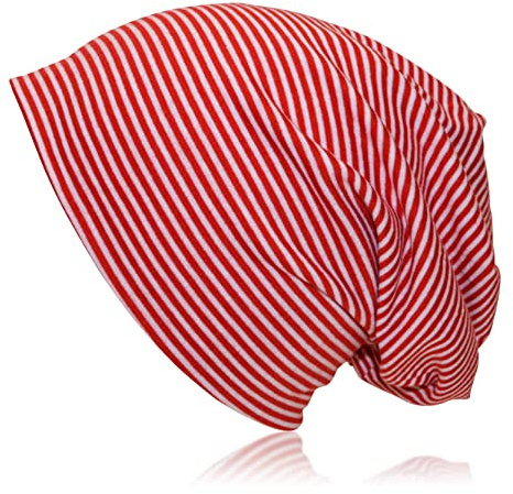 thb Richter Mütze Zweilagig Slouch Beanie Jersey Longbeanie Cap mit Streifen Weich Leicht gestreift Stretch für Damen/Herren/Junge/Mädchen (Weiß mit Rot)