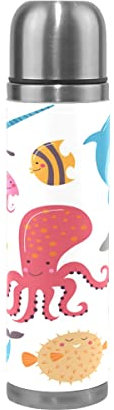 BEUSS Meerestier Cartoon Fisch Wasserflasche Wasserkanne Edelstahl Isolierte Isolierflasche Auslaufsicher Leder Verpackung(500 ml)