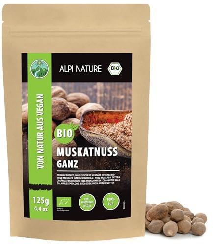 Alpi Nature Nuez Moscada Orgánica Entera 125g, Nuez Moscada para Cocinar, Hornear y Vino Caliente