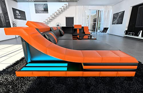 Sofa Dreams Wohnlandschaft Turino U Form Ledersofa - mit LED Beleuchtung, verstellbare Kopfstützen, Recamiere/Lederfarben wählbar/Ausrichtung wählbar (Ottomane Links, Schwarz-Orange)