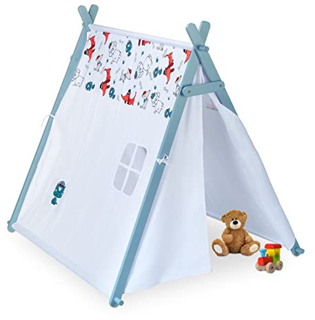 Relaxdays Tipi Zelt für Kinder, niedrig, Hunde-Motive, Kinderzelt, HBT: 130 x 111 x 137 cm, drinnen, Wigwam, weiß-türkis, 10037519