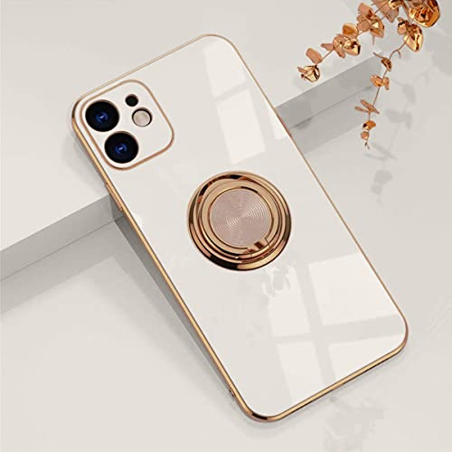 EYZUTAK Electroplated Magnetic Ring Holder Case, 360 Degree with Rotation Metal Finger Ring Holder Magnet Car Holder Soft Silicone Shockproof Cover for iPhone 12 6.1 inch - White