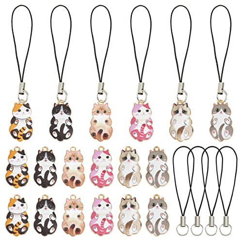 SUNNYCLUE 1 Box 24 Set 6 Styles Telefon Anhänger Handys Charms Strap Kawaii Handys Charm Süße Katze Tier Haustiere Phone Charms Für Frauen Erwachsene DIY Geldbörse Schlüsselanhänger Moblie Phones