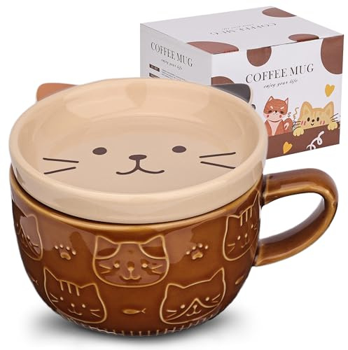 JNSMFC Cute Ceramic Cat Coffee Mug with Lid,Kawaii Coffee Mugs or Tea Cups,Funny Novelty Cat Breakfast Mugs for Women Wife Mum Girls Boys Friends Kids Christmas Birthday Gift,300ML（Brown）