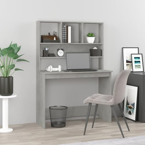 Homgoday Schreibtisch mit Regal - Betongrau, Holzwerkstoff, 102 x 45 x 148 cm - für kleine Büros und Studentenzimmer Model823004