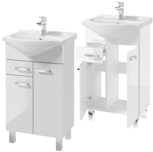 .Deftrans Domodomo Badezimmerschrank mit Waschbecken, 80 x 50 x 30 cm weißer Waschbeckenschrank, Keramik Waschbecken Set, Standschrank mit Schublade