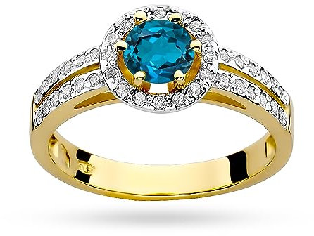MARKO Damen goldring aus Gelbgold für Damen mit 0,50 Karat Londoner Blauer Topas und 0,20 Karat Diamanten Ring 14 Karat Gold (585) Goldring mit Box | Goldring für Fraue (Gelbgold, 60 (19.2))