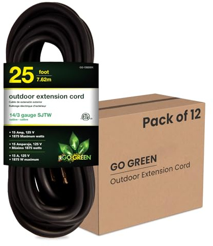 Go Green Power Inc. 25ft Outdoor Extension Cord, Black, Pack of 12-14/3 SJTW, Contractor Grade, Durable, and Moisture Resistant - Ideal for Heavy Duty Tools