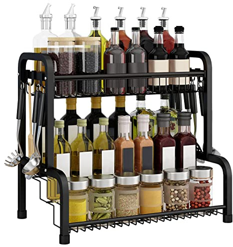 LILIIN Gewürzregal aus Edelstahl, 4 Entagen Gewürz Organizer Regal stehende, Küchenregal, Küchengestell, Schreibtischregal ideal für Gewürzdose Flasche, Marmeladengläser, Kosmetik, Schawarz (Tye B)