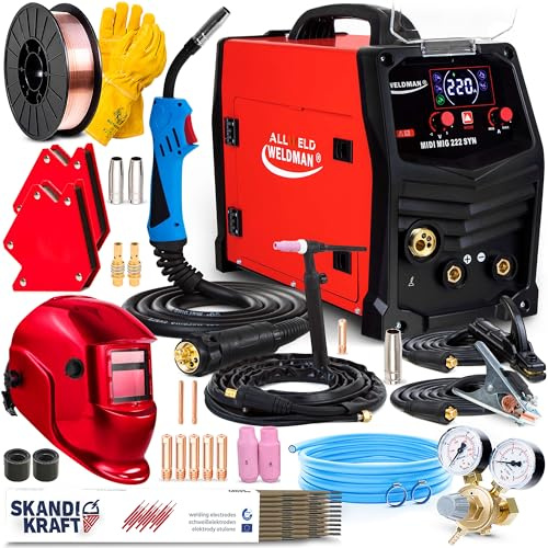 Weldman MIDI MIG 222 - poste a souder mig avec gaz 220A - avec torches MIG et TIG incluses - poste souder synergique - fonctions de soudage au fil fourré, MMA et TIG DC - Kit premium