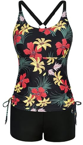 Ladies Tankini Swimwear Sets，Strappy Tankini Swimsuits Drawstring Bathing Suits Two Piece Floral Print Swimwear with Shorts