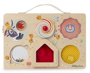 LILLIPUTIENS - Pannello di attività Fattoria - Busy Board per Bebè - Spingi, Tira, Ruota e Fai Scorrere per Avventure nella Fattoria - Valigetta Pratica da trasportare - dai 18 Mesi - 83508