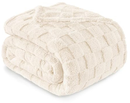 Exclusivo Mezcla Coperta Plaid Pile di Flanella per Divano, 230x270 CM Coperta Letto Matrimoniale con Motivo a Scacchi, Morbida e Calda, Avorio