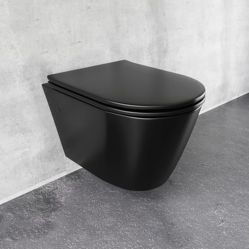 Alpenberger Hänge WC Schwarz Matt für Bad und Gäste WC | Moderne Toiletten | Kloschüssel mit Toilettendeckel mit Absenkautomatik | Wand WC Spülrandlos