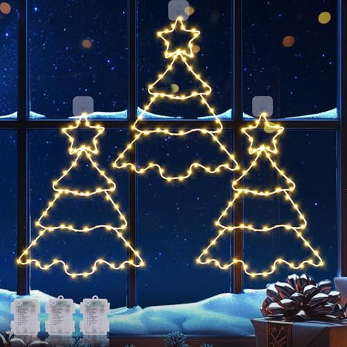 Quntis 3er Weihnachtsdeko Fenster 38cm große Weihnachtsbaum aus Metall 210LED Weihnachten Fensterdeko mit Batterie Timer Haken 8 Modi Hängende Weihnachtsbeleuchtung für Innen Außen Fenster Wand