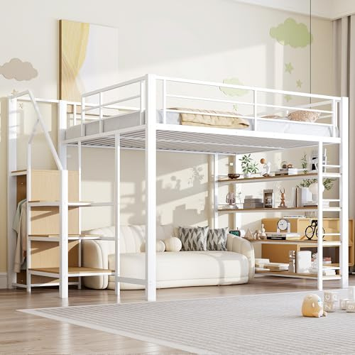 Etagenbett 140x200 mit Kleiderschrank, Hochbett mit Treppe und Aufbewahrungsschrank, Multifunktionsbett Metallbett Einzelbett Stockbett Spielbett Kinderhochbett Jugendhochbett, Ohne Matratze, Weiß