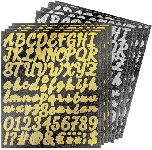 Prasacco 8 Blatt Buchstaben Zahlen Aufkleber, Selbstklebende Buchstabenaufkleber Glitzer Buchstaben Zahlen Symbolen Aufkleber Dekorative Aufkleber Set für DIY Scrapbooking (Gold, Silber)