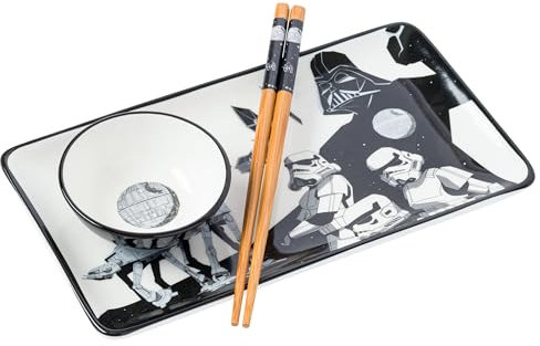 Silver Buffalo Star Wars Boxed Ceramic Sushi Set Featuring Darth Vader, Death Star, at-at, and Stormtroopers, 3 Piece Set