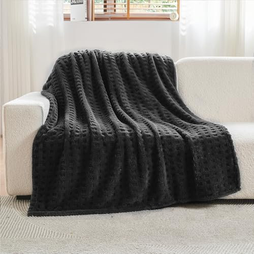 Wajade Kuscheldecke Flauschig Kunstfelldecke Decke Sofa Waffel Sofaüberwurf warm Sofadecke Comfort Couchdecke weiche Wohndecke für Couch und Bett 178 x 203 cm Black