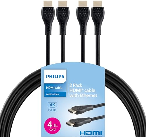 Philips 4K HDMI Cable 2 Pack,4 Ft Cord, 4K@120Hz, Data Transfer 10.2 Gbps, Fast Video Refresh Rate 60-600, Hertz Compatible with TV, Blu-ray, Laptops, Gaming Consoles, Streaming, Black, SWV3553B/37