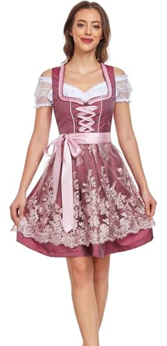 Jecarden Dirndl dam midi Dirndl för dam vinröd traditionell klänning med dirndlblus, kostymmode, traditionell kjol, klänning 3 delar, för Oktoberfest speciella tillfällen (34–50), Vinröd, 36