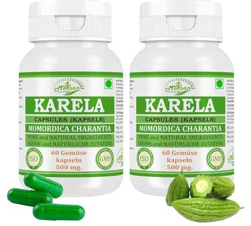 Bitter Melon (Momordica Charantia, Karela) Capsules | 500 mg. - 10:1 Potent Extract | Ayurvedic Herbal Supplement | 60 Vegan Capsules for Men & Women (Pack of 2 Bottles)