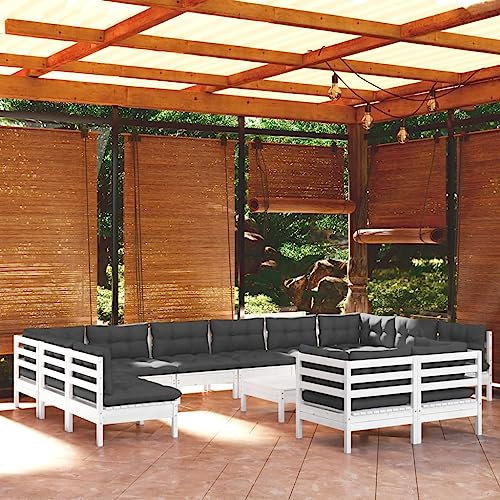 13-TLG. Garten-Lounge-Set mit Kissen Weiß Kiefernholz,Modulares LoungeSet für den Garten Gemütliche HolzEckcouch für Entspannung und Unterhaltung Gartenmöbel