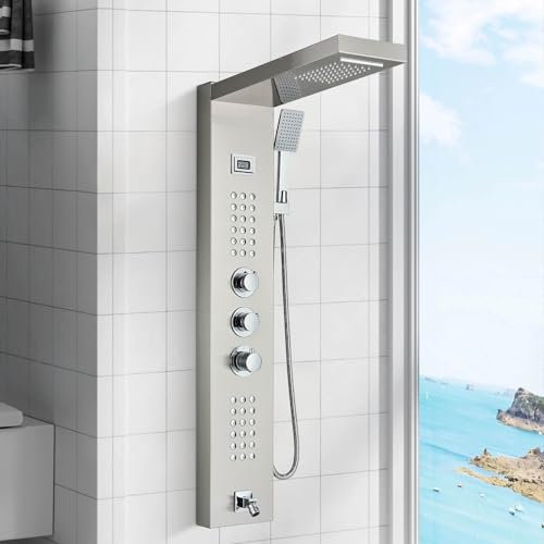 Cesinkin Duscharmatur Komplettset Thermostatische Edelstahl 5 Funktionen mit LCD Temperaturanzeige Wandhängende Duschsysteme mit Regendusche, Handbrause, Massagedüsen, Wannenauslauf Gebürstetes Nickel