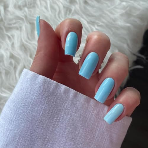KQueenest Light Blue Press on Nails Long Square, Baby Blue False Nails Long Medium Coffin, Glossy Natural Solid Fake Nails Set, Reusable Gel Stick on Nail for Women Finger Daily Wear 24 Pcs