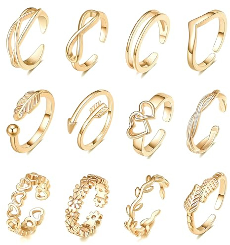 12PCS Adjustable Gold Plated Toe Open Rings Valentine's Day Gifts for Women Girls Stackable Finger Jewellery Knuckle Rings Floral Heart Arrow Patterns Summer Beach Foot Jewelry Birthday for Mum Ladies