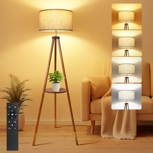 OUTON Lampada da Terra Treppiede in Legno, Piantana da Soggiorno Dimmerabile con Telecomando, 4 Temperature di Colore, Timer 1H, Lampade da Terra con Ripiani per Salotto, Camera,Ufficio(Noce Dorato)