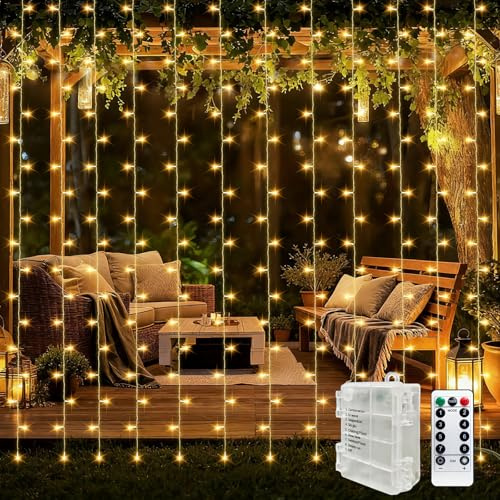 YIFMOO 3x3M 300LED Lichtervorhang Batterie, 8 Modi Lichterketten Vorhang mit Timer und Fernbedienung, Wasserdicht Hängend Vorhang Lichter, Weihnachten Lichterkette für Fenster Innen Außen, Warmweiß