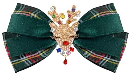 Natale Renna Fiocco Bowknot Pre-legato Cravatta Collo Spilla Pin per Le Donne Ragazze Colorato CZ Perla Alce Check Raso Ornamento Spille Abiti Eleganti Accessori Gioielli Vacanza (Verde)