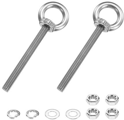 PATIKIL Perno Ojo M8 X 80 Mm 2 Pcs Juego Anillo Elevación Roscado En Acero Inox 304 Perno Ojo Con Hombrero Tuercas Seguro Y Arandelas Planas Para Colgar Hamacas Artículos Plata