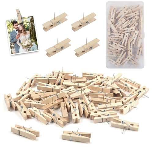 Pinnadeln Holz mit Holzklammern, 50 Stück Pinnwandnadeln mit Kunststoffbox, Holzklammern mit Stecknadeln für Pinnwand, Korktafel, Fotos, Karten, Kunstprojekte Push Pins