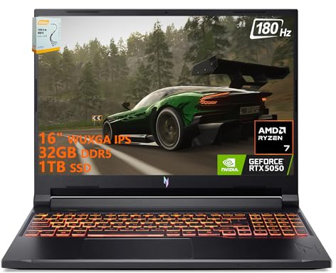 acer Nitro V 16 AI Gaming Laptop | 16 WUXGA IPS 180Hz | AMD 8-Core Ryzen 7 260 | 32GB DDR5 1TB SSD | GeForce RTX 5050 8GB DLSS4 (Up to 440 AI Tops) | Backlit Keyboard Win11 w/DLCA Accessory