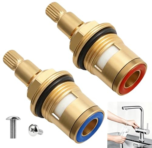 2 Pcs Mixer Tap Cartridge, 1/4 Turn 20 Spline Tap Cartridge, Brass Ceramic Tap Valve Replacement for Kitchen Bathroom Shower Tap Universal Faucet Inserts Smooth Operation Drip Leak Repair with Screws