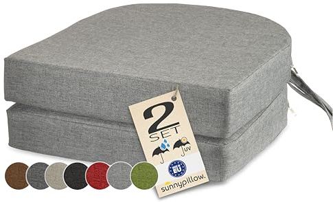 sunnypillow 2er Set Stuhlkissen Outdoor, wasserdicht UV-lichtecht 40 x 40 x 7cm dick - Polsterauflage mit Bändern - Auflage für Stühle,Bänke - Sitzkissen Stuhlauflage für Haus und Garten - Grau