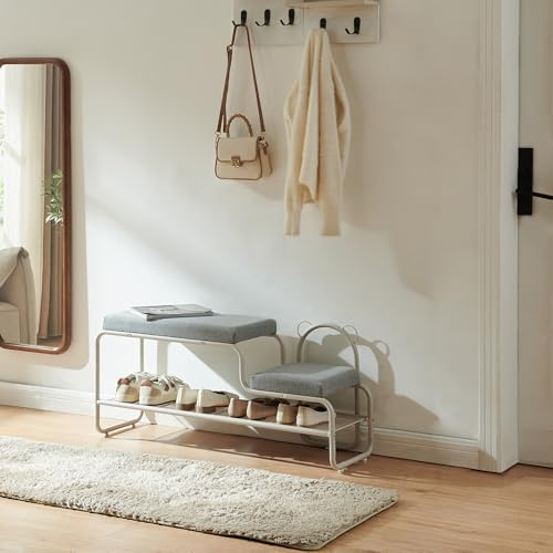 [en.casa] Schuhbank mit Kinderhocker Jässaatka Sitzbank mit Schuhregal Flur Metall Schuhablage mit 2 Sitzflächen Sitzkissen Bank 100 x 32 x 46 cm Grau