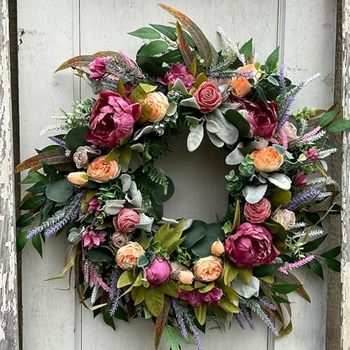 Künstlicher Rosen- und Pfingstrosenkranz mit Eukalyptus, 50cm,55cm Bunt Türkranz für Haustür, Wand, Bauernhaus, Frühling Sommer, Innen & Außen, Hochzeitsdekoration (50cm)