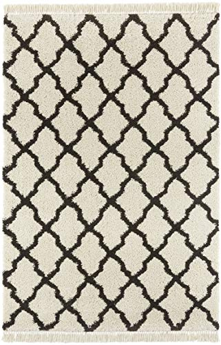 Teppich Pearl Hochflor Wohnzimmer-Teppich Weich Flauschig Langflor Shaggy Flokati Skandi Muster mit Fransen für Kinderzimmer Schlafzimmer Küche Flur Creme Dunkelbraun 80x150 cm